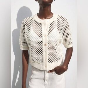 Short-sleeved open-knit cardigan with buttons down the front